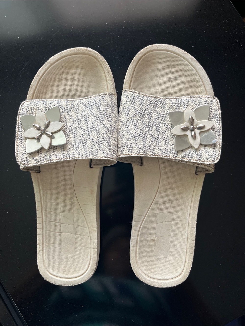 Michael Kors Ivory Logo Slide Sandals with Floral Accent